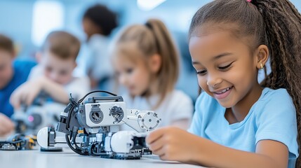 Children of diverse ethnicities playing educational AI toys acquiring knowledge cognitive interactive games. AI generated