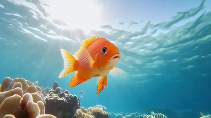 Fototapeta premium Vibrant Orange Fish Swimming in Clear Ocean Water