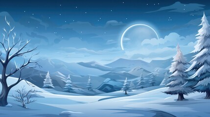 Naklejka premium A Snowy Mountain Landscape Under a Crescent Moon and Starry Sky