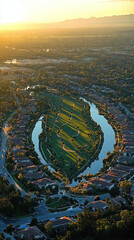 Aerial view of a golf course surrounded by homes at sunset.