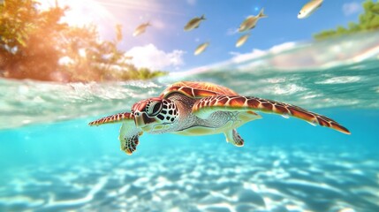 Serene Sea Turtle Swimming in Crystal Blue Water