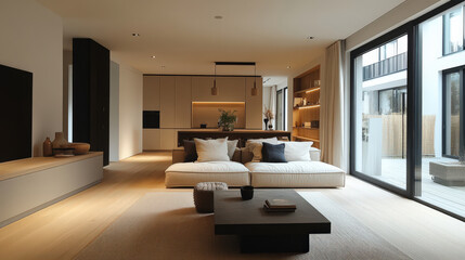 Modern Minimalist Living Room Interior Design with White Sofa  Wooden Floor  and Large Window