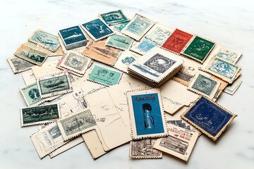A collection of vintage postcards and travel stamps, evoking memories of old-world adventures and long-forgotten trips