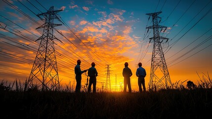 Power grid workers maintaining infrastructure while equity firm executives oversee, collaboration in energy development and finance growth