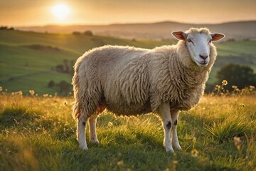 Sheep Grazing in a Rolling Green Pasture at Sunrise