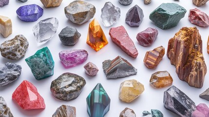 Vibrant Spiritual Crystal Collection - Reiki Healing Quartz, Gemstones, and Semiprecious Nuggets on White Background. 3D Render of Colorful Assorted Crystals for Wellness and Energy.