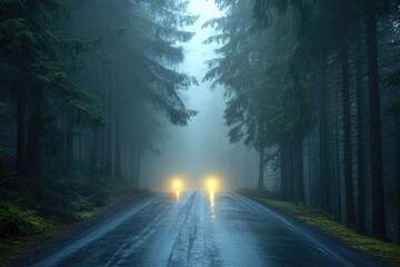 Fototapeta premium Road through foggy pine forest, headlights piercing the mist, mysterious and ethereal