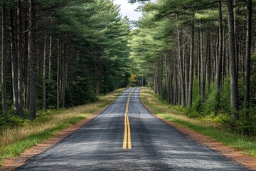 Fototapeta premium Road disappearing into the distance among tall pines, endless possibilities