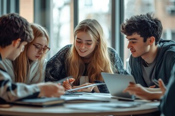 College students in a study group, working together on an assignment and discussing course materials, building academic connections