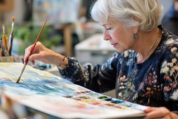 A senior woman in a watercolor painting class, carefully applying paint to her canvas, as she learns new techniques