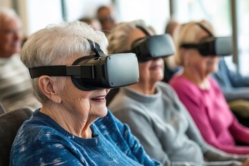 Group of seniors in a community center, participating in a virtual reality demonstration, each wearing VR headsets