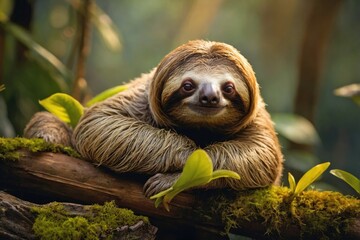 Naklejka premium Sloth Amidst Colorful Rainforest Flora in the Early Morning Light