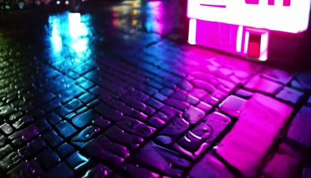 Cinematic Rainy Street at Night - Cobblestone Street Reflecting Neon Signs with Gentle Rain
