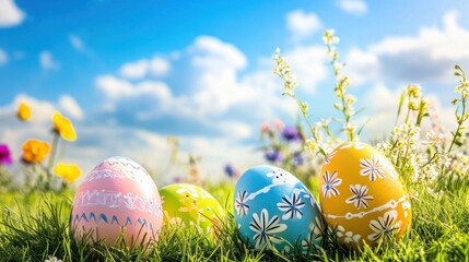 Bright Easter eggs in a grassy field with colorful flowers and blue skies in the background.