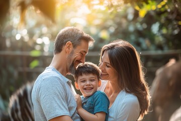 Fototapeta premium High-resolution brightly lit photorealistic candid photograph of a father, mother, and son sharing a moment of joy at the zoo, with a soft, creamy bokeh background. The image is styled like a