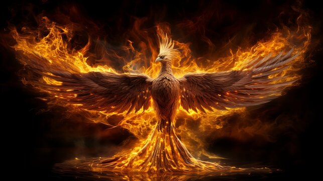 A majestic phoenix rises from flames, showcasing vibrant colors and powerful wings in the night