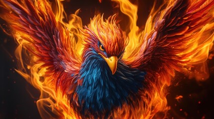 Fototapeta premium Fiery Phoenix Rising from Flames in Bright Colors