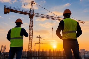 A construction site at sunrise, with cranes silhouetted against the sky and workers starting their day
