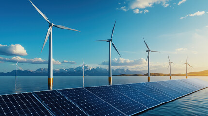 Harnessing renewable energy, this image showcases wind turbines and solar panels reflecting commitment to sustainability. serene water and mountains enhance scenes beauty