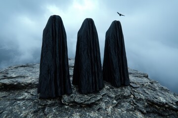 Mysterious hooded figures on a rocky cliff overlooking a stormy sea