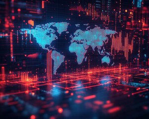 Digital world map with red and blue lights.