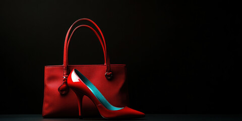 This elegant image features a stunning red high-heeled shoe paired with a stylish handbag, showcasing a striking contrast against a dark backdrop, emphasizing sophistication and glamour.