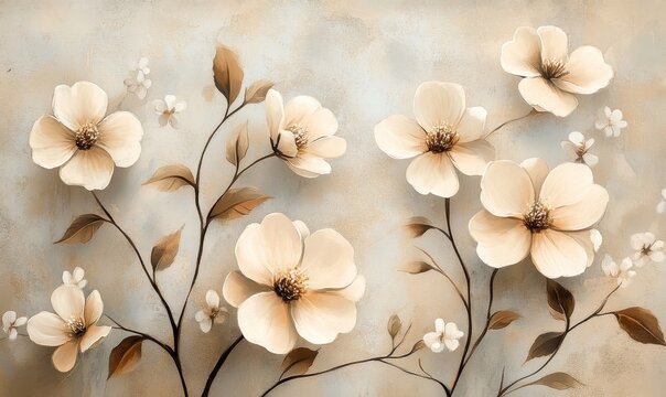 Elegant beige floral painting with delicate blooms. .