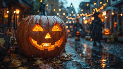 A Halloween street party with costumed characters, glowing pumpkins, and spooky decorations