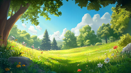 Fototapeta premium A sunny afternoon in a vibrant meadow with blooming flowers and a clear blue sky