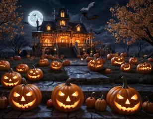 halloween background with pumpkin and bats