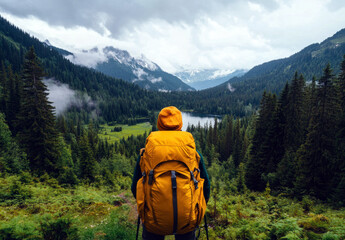 A hiker in a yellow backpack admires a breathtaking mountain landscape, surrounded by lush greenery and mist, evoking a sense of peace and connection with nature.
