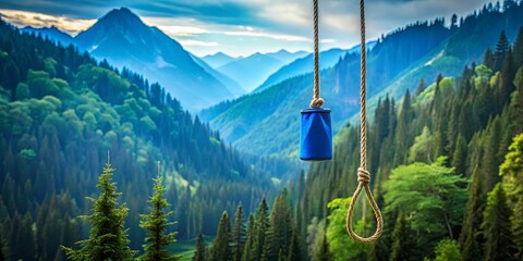 A knotted rope hangs with a blue container swaying in the breeze against a backdrop of rolling green hills and towering evergreens.