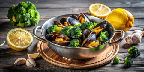 A bowl of fresh mussels with broccoli florets and lemon wedges, all served on a rustic wooden table