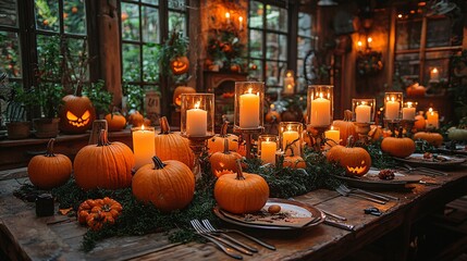 A Halloween-themed dinner party with a haunted banquet table, lit by candlelight and glowing pumpkins