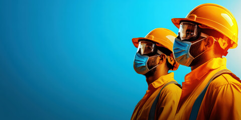 Two construction workers are depicted in safety helmets and masks, symbolizing the importance of health protocols in construction sites. They stand confidently against a vibrant blue background.