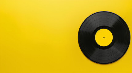 "Black Vinyl Record on Vibrant Yellow Background"
