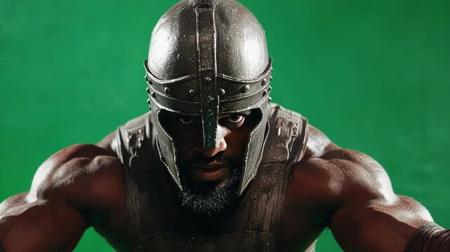 Muscular black warrior prepares for battle with an intense expression, showcasing strength and determination against a vibrant green screen background
