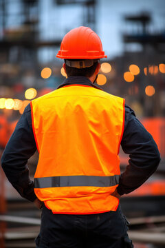 A construction worker stands in an orange safety vest and hard hat, observing the bustling site. The image emphasizes safety and diligence in a hazardous work environment.
