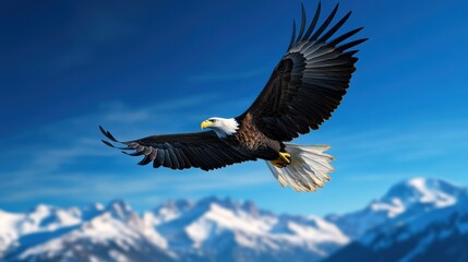 Naklejka premium Majestic Eagle Soaring Over Snowy Mountains