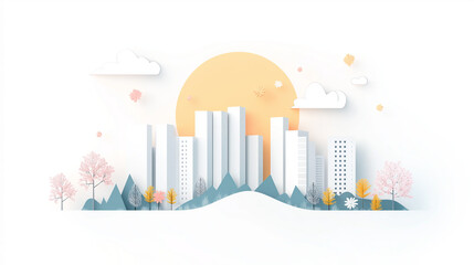 Fototapeta premium pring, blooming trees, some flowers, sunrise, pleasant colors, joy and happiness in the future, a building responsive to the environment. The skyline shows innovative, minimalistic green architecture 