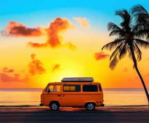 A bright yellow camper van rests on a serene beach as the sun sets, casting a warm glow across the sky and reflecting on the tranquil waters.