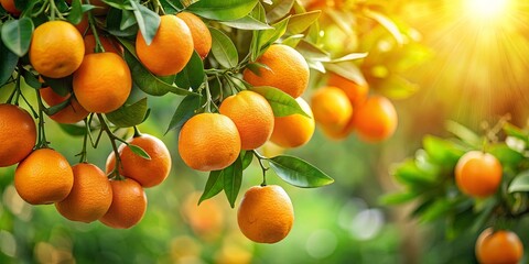A vibrant display of ripe oranges hanging from the branches of a citrus tree, bathed in the warm glow of the sun.
