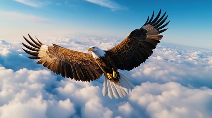 Naklejka premium Majestic Eagle Soaring Above Clouds in Clear Sky