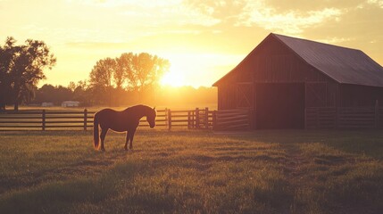 Obraz premium Silhouetted Horse at Sunset on a Farm