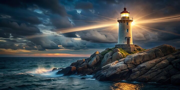 A lone lighthouse stands on a rocky cliff, casting a radiant beam of light through a stormy sky as waves crash against the shore.