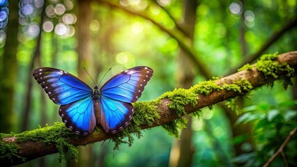 Naklejka premium A Vibrant Blue Morpho Butterfly Perched on a Moss-Covered Branch in a Lush Forest Setting