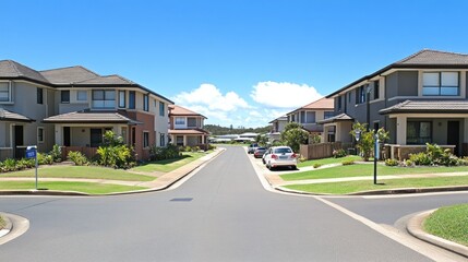 A suburban street view featuring houses, green lawns, and parked cars under a clear blue sky.