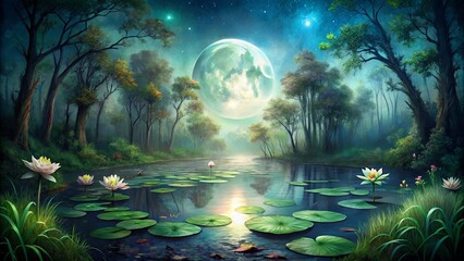 A luminous moon casts a silvery glow on a serene forest pond, surrounded by lush foliage and water lilies, creating an otherworldly and tranquil atmosphere.