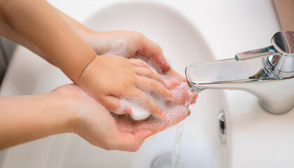 girl and her mother are washing hands
