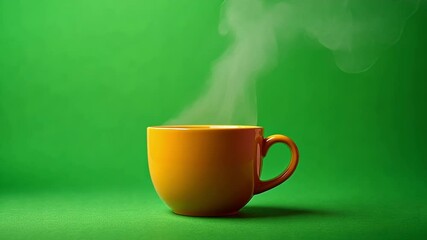 Steaming yellow coffee cup on a green screen background offers a versatile element for video projects. Ideal for compositing, this shot enhances visual storytelling and branding